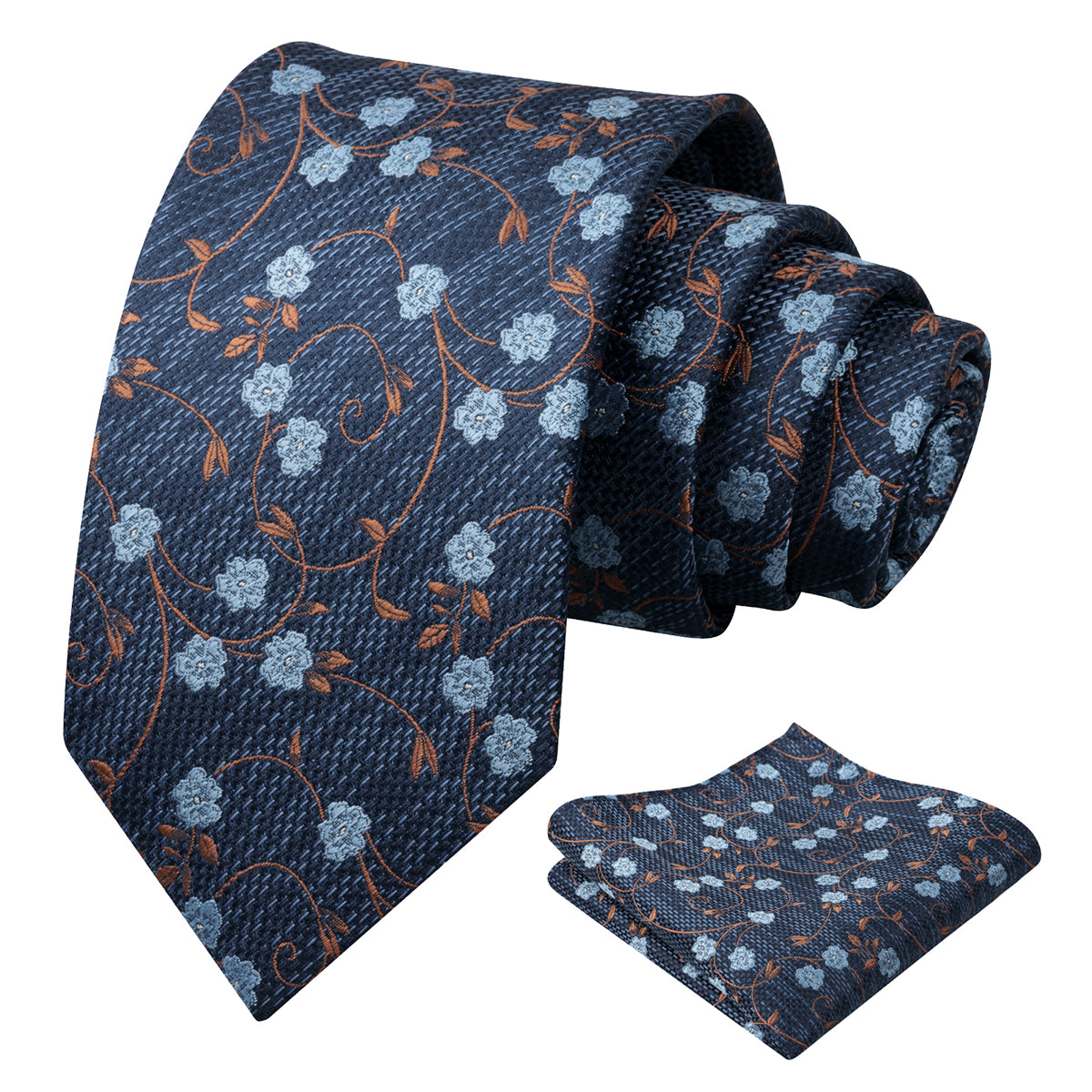 Mens Floral Tie Set 3.15 Inch with Textured Vine Pattern and Pocket Square-931