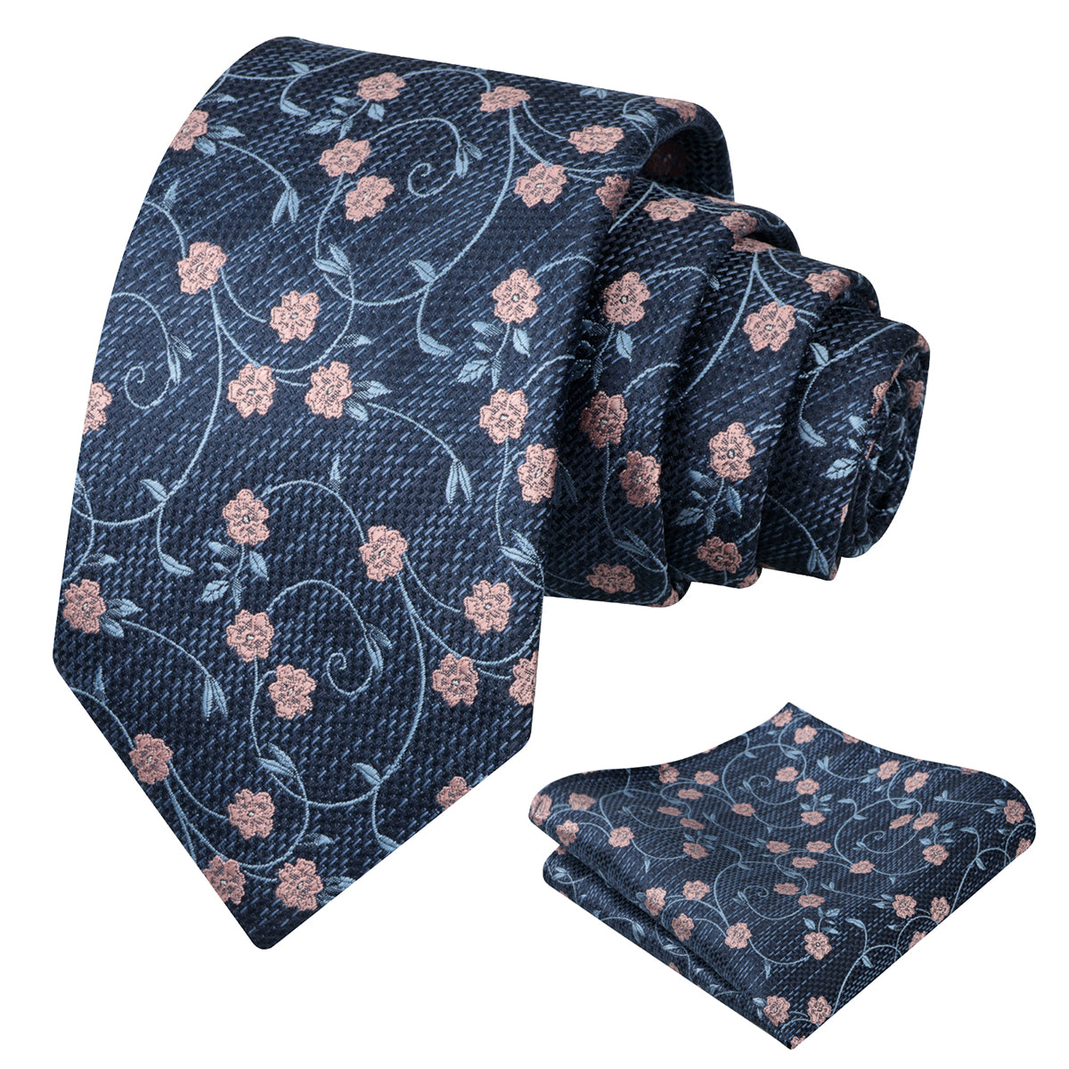 Mens Floral Tie Set 3.15 Inch with Textured Vine Pattern and Pocket Square-931