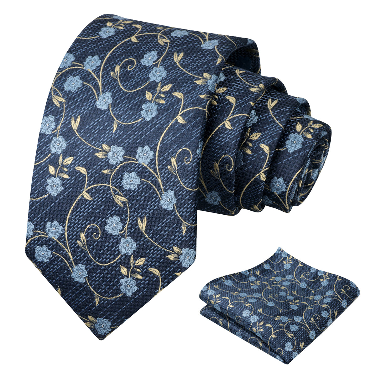 Mens Floral Tie Set 3.15 Inch with Textured Vine Pattern and Pocket Square-931