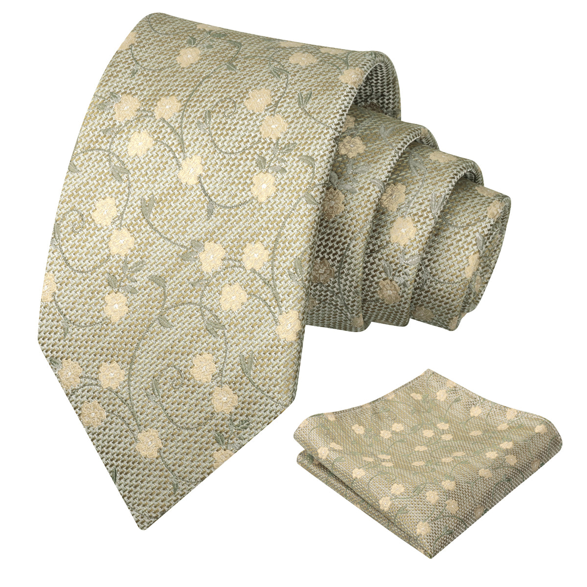 Mens Floral Tie Set 3.15 Inch with Textured Vine Pattern and Pocket Square-931