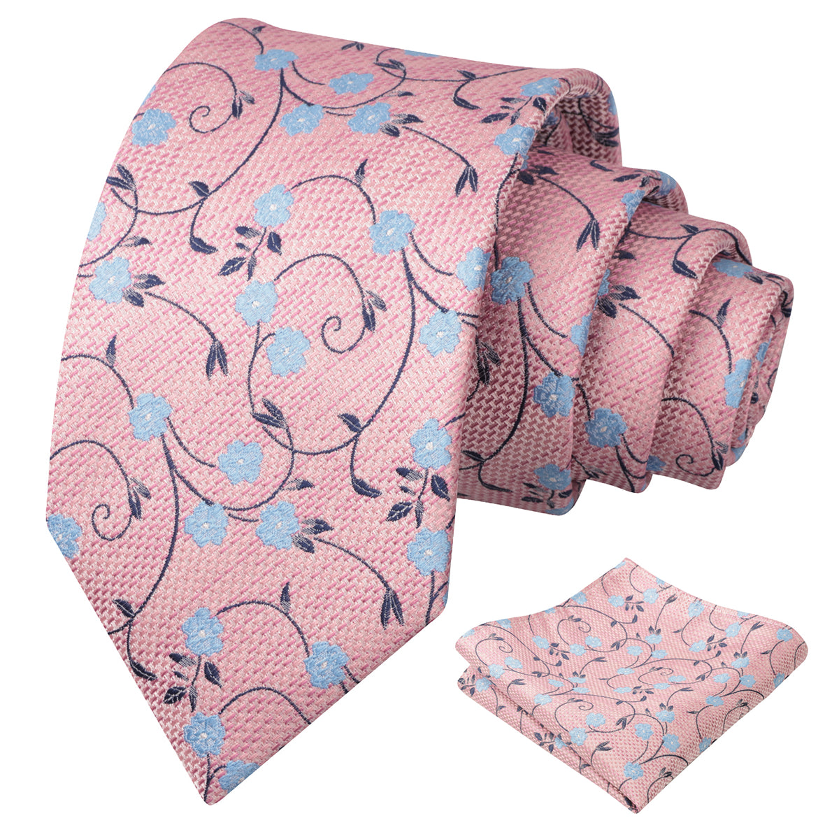 Mens Floral Tie Set 3.15 Inch with Textured Vine Pattern and Pocket Square-931