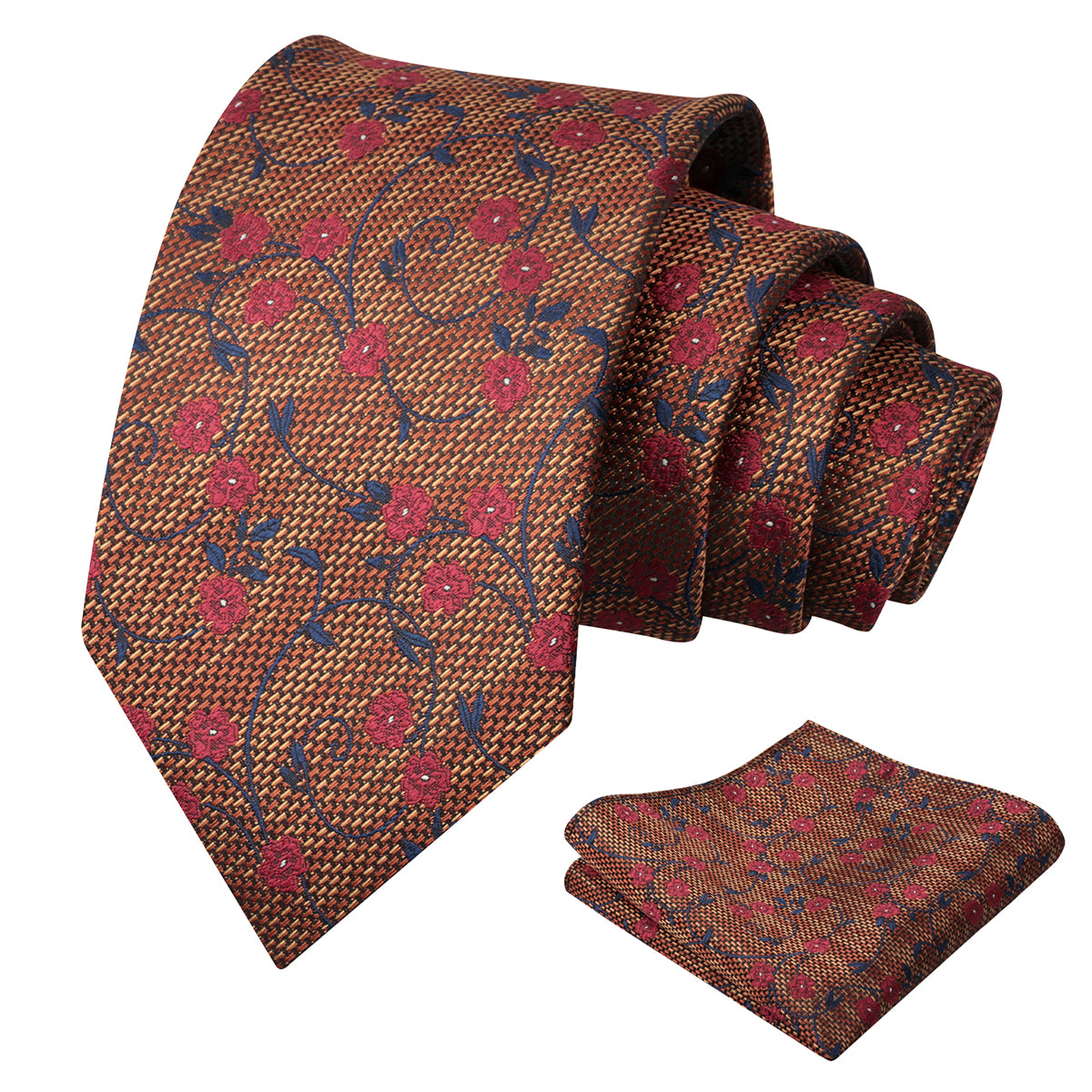 Mens Floral Tie Set 3.15 Inch with Textured Vine Pattern and Pocket Square-931