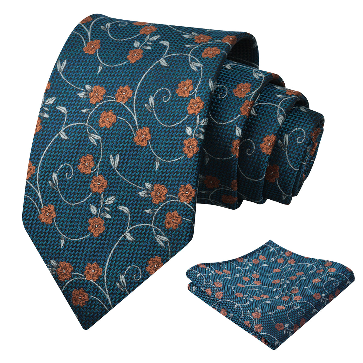 Mens Floral Tie Set 3.15 Inch with Textured Vine Pattern and Pocket Square-931