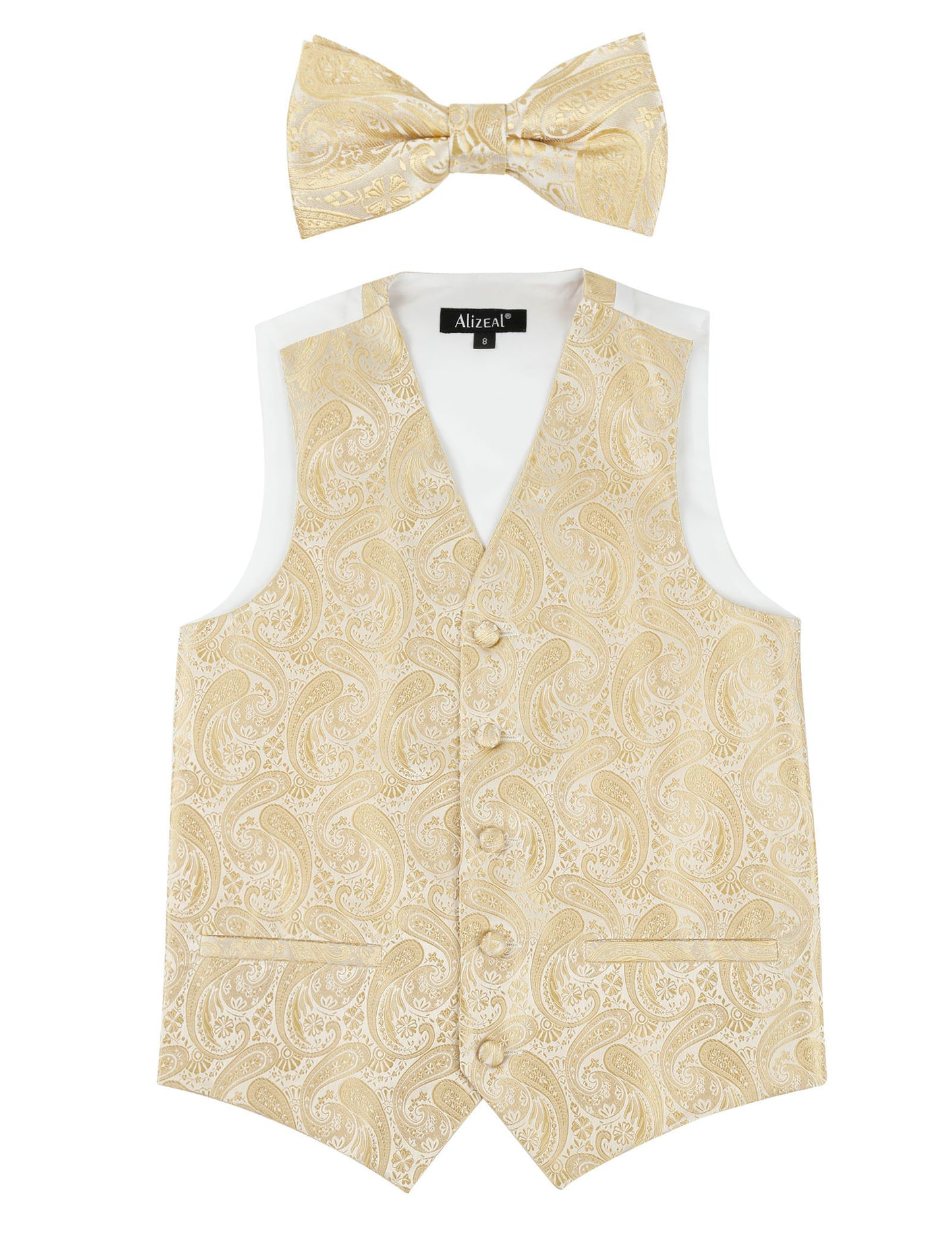Boy's Paisley Jacquard Pre-Tied Bow Tie with Classic Floral Dress Suit Vest Set, 077-Champagne