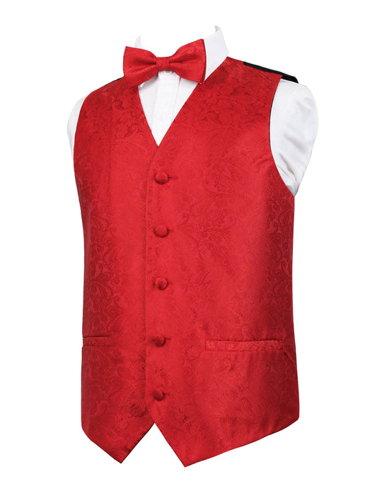 Boy's Classic Paisley Bow Tie and Suit Vest Set, 079-Red