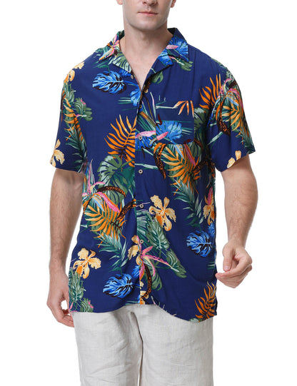 Alizeal Mens Hawaiian Short Sleeve Shirts Floral Casual Button Down Summer Aloha Beach Shirts, Navy (Leaf)