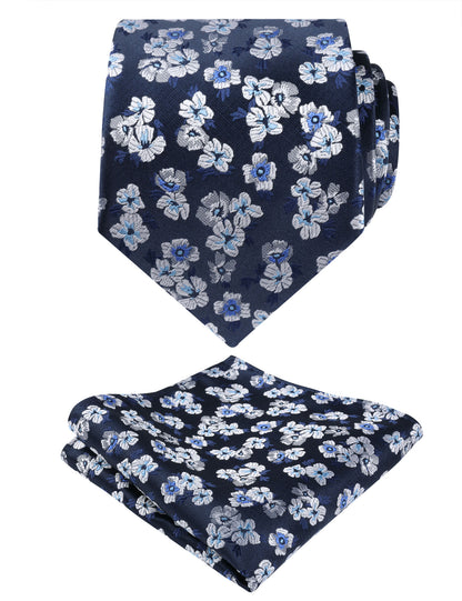 Men's 3.15inches Flower Patterned Tie with Floral Printed Pocket Square Set #109