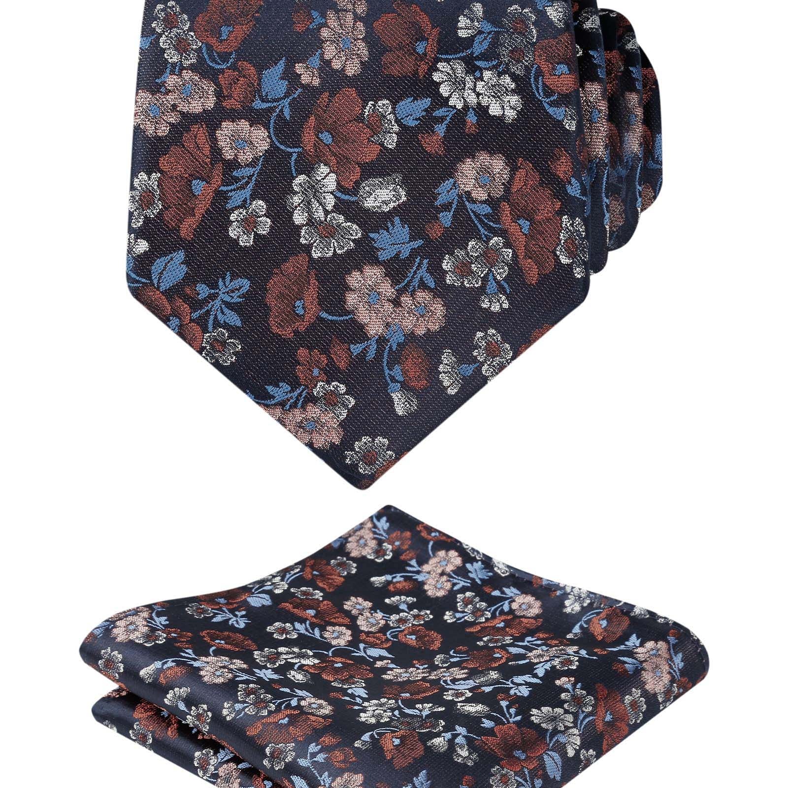 Herren-Krawatte mit Blumenmuster, 8 cm, mit Einstecktuch mit Blumenmuster, Set Nr. 109