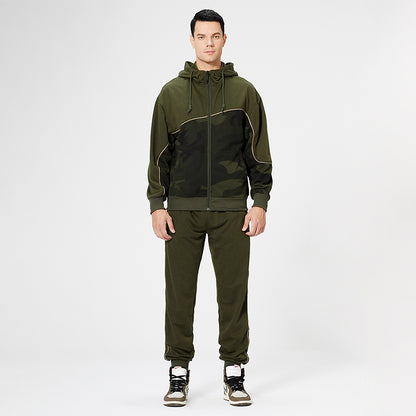 Men's Olive Green Camo Sportswear Full Zip-up Hoodie Set SS005