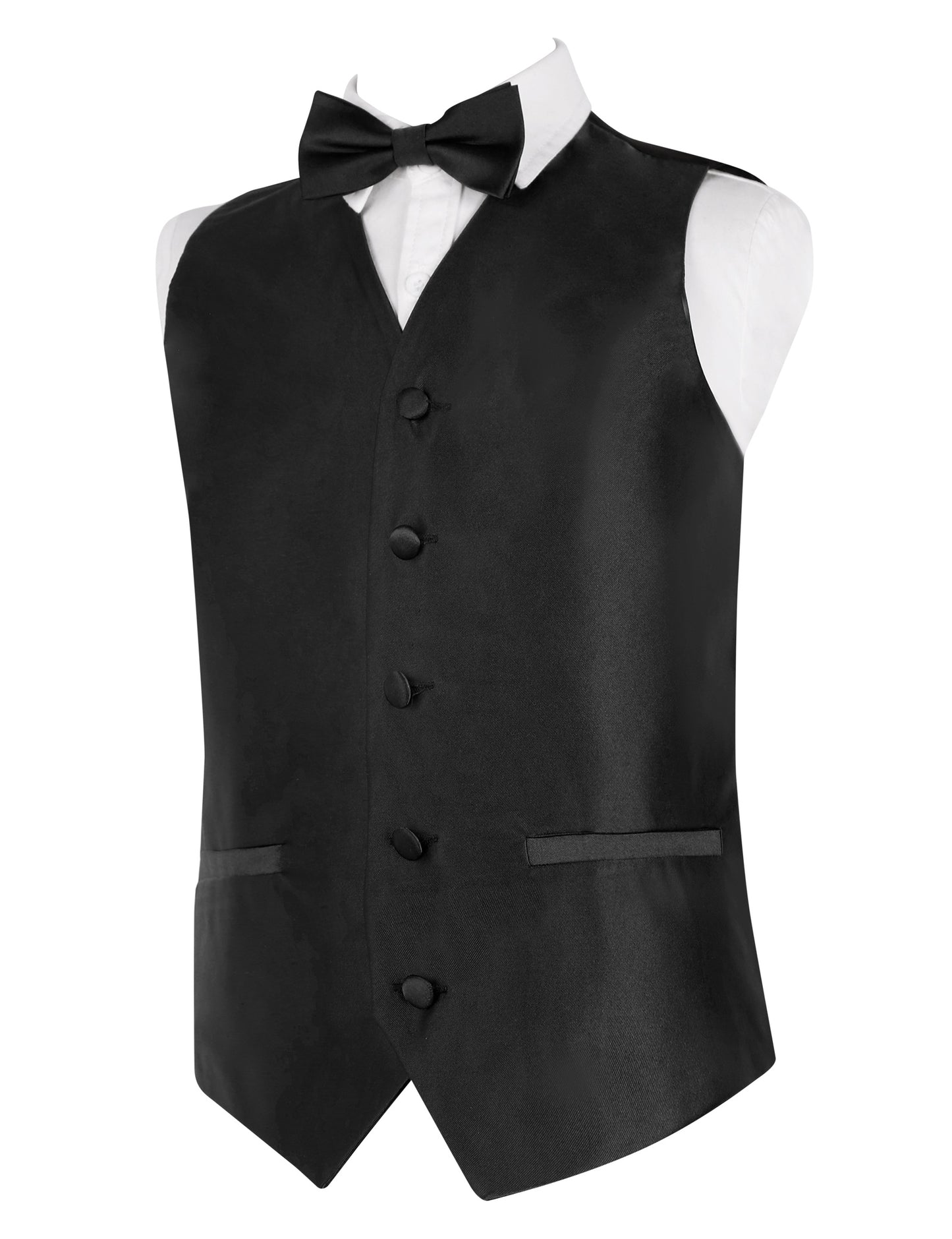 Boy's Classic Solid Bow Tie, Necktie and Suit Vest Set, 078-Black