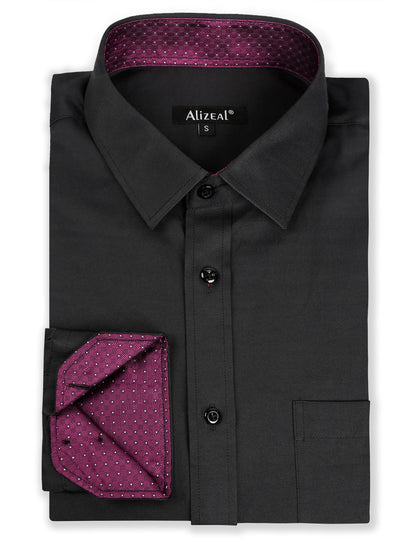 Men's Long Sleeve Dress Shirts Polka Dot Patchwork Button Down Formal Shirts, 116-Black+Plum Dots