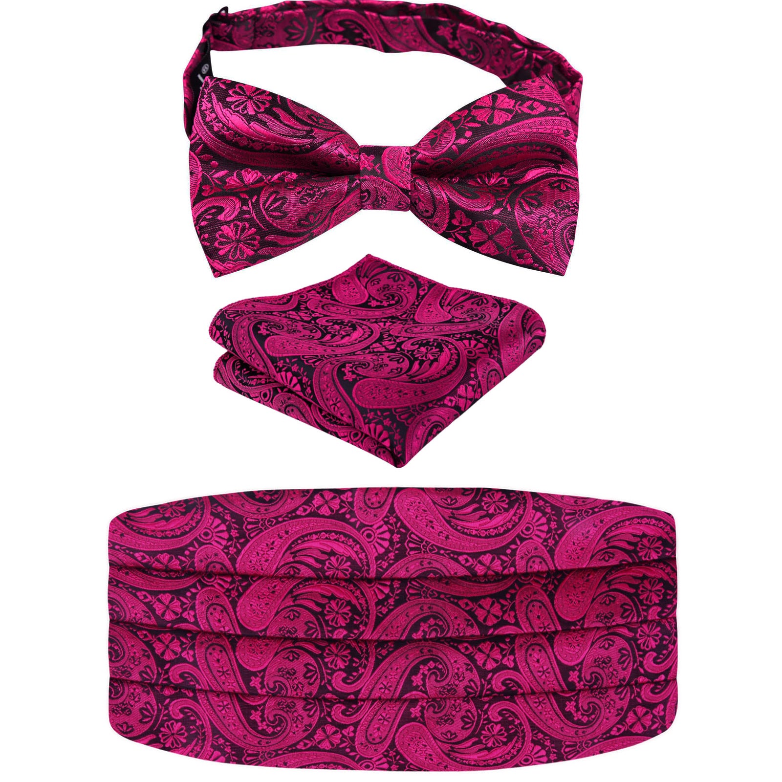 Men's Paisley Pre-tied Adjustable Bow Tie, Cummerbund and Pocket Square Set-130