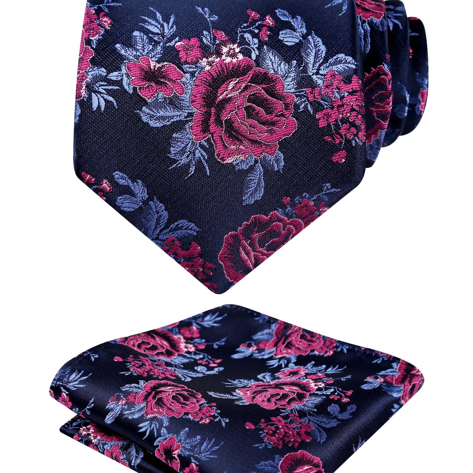 Men's 3.15inches Rose Flower Pattern Tie with Floral Printed Pocket Square Set, 145