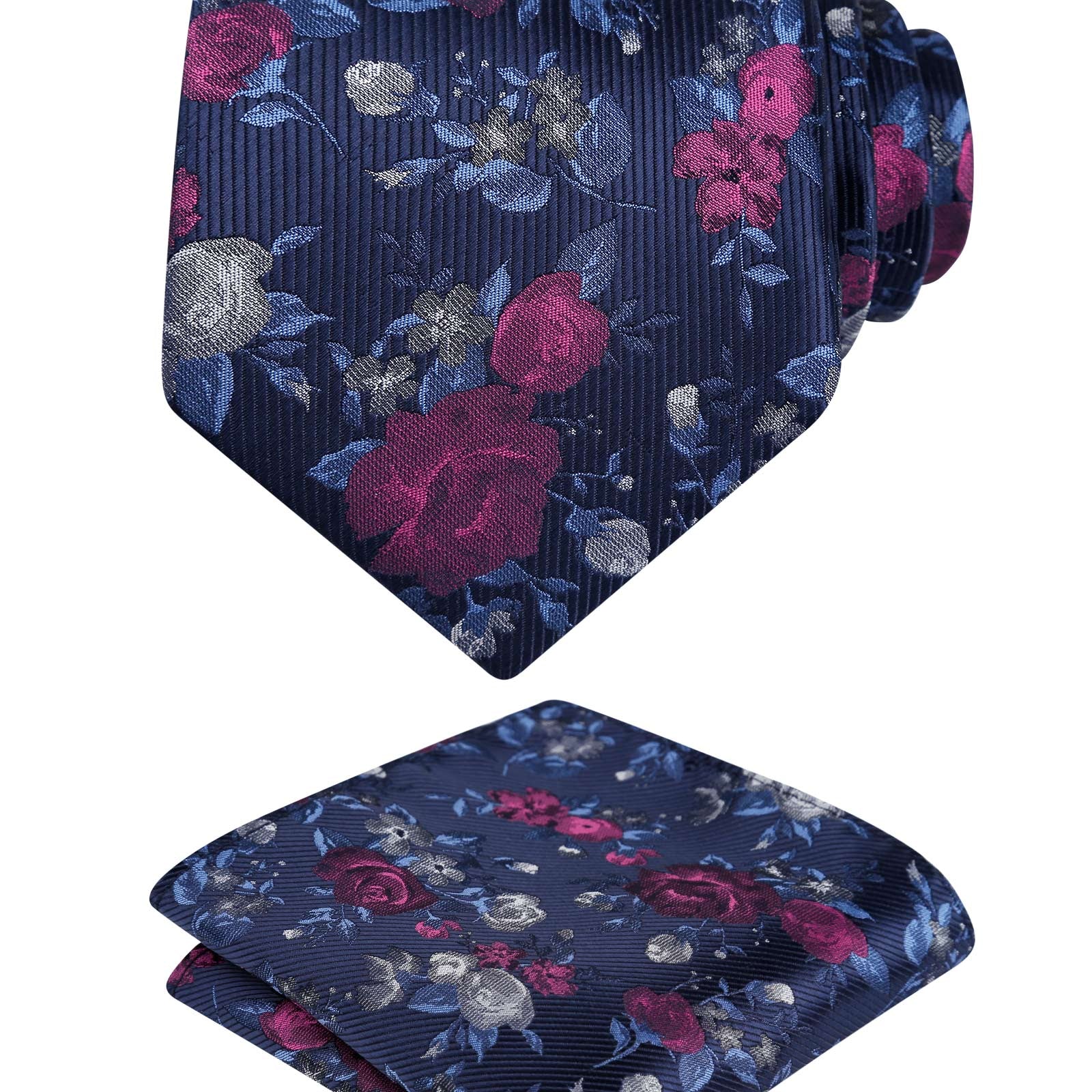 Men's 3.15inches Rose Flower Pattern Tie with Floral Printed Pocket Square Set, 145