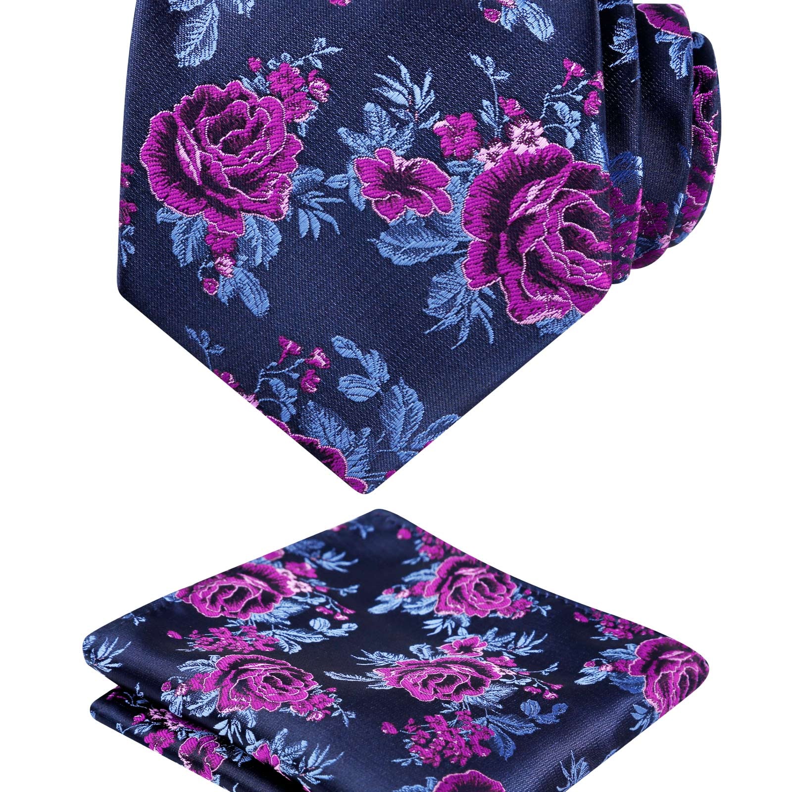 Men's 3.15inches Rose Flower Pattern Tie with Floral Printed Pocket Square Set, 145