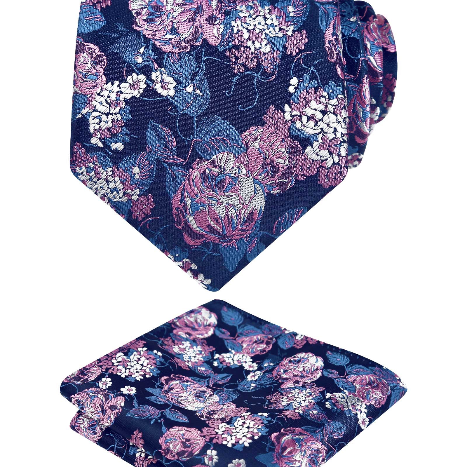 Men's 3.15inches Rose Flower Pattern Tie with Floral Printed Pocket Square Set, 145