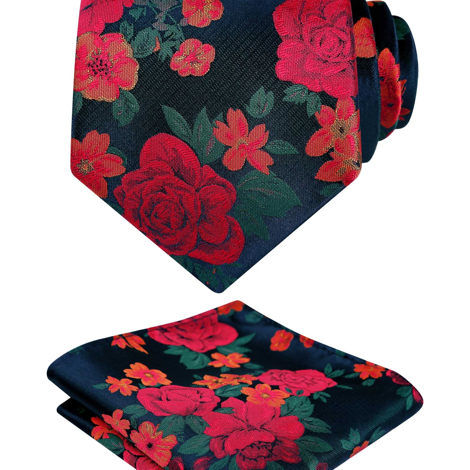 Men's 3.15inches Rose Flower Pattern Tie with Floral Printed Pocket Square Set, 145