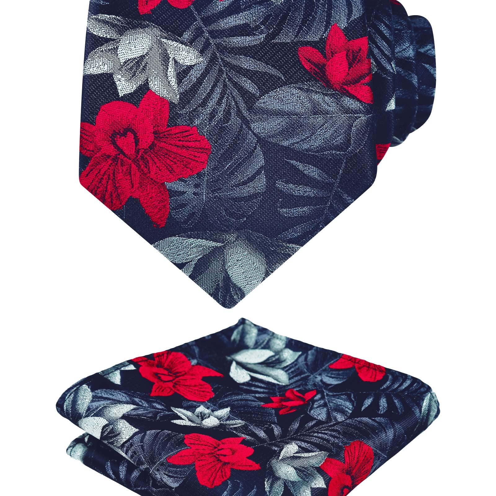 Men's 3.15inches Rose Flower Pattern Tie with Floral Printed Pocket Square Set, 145