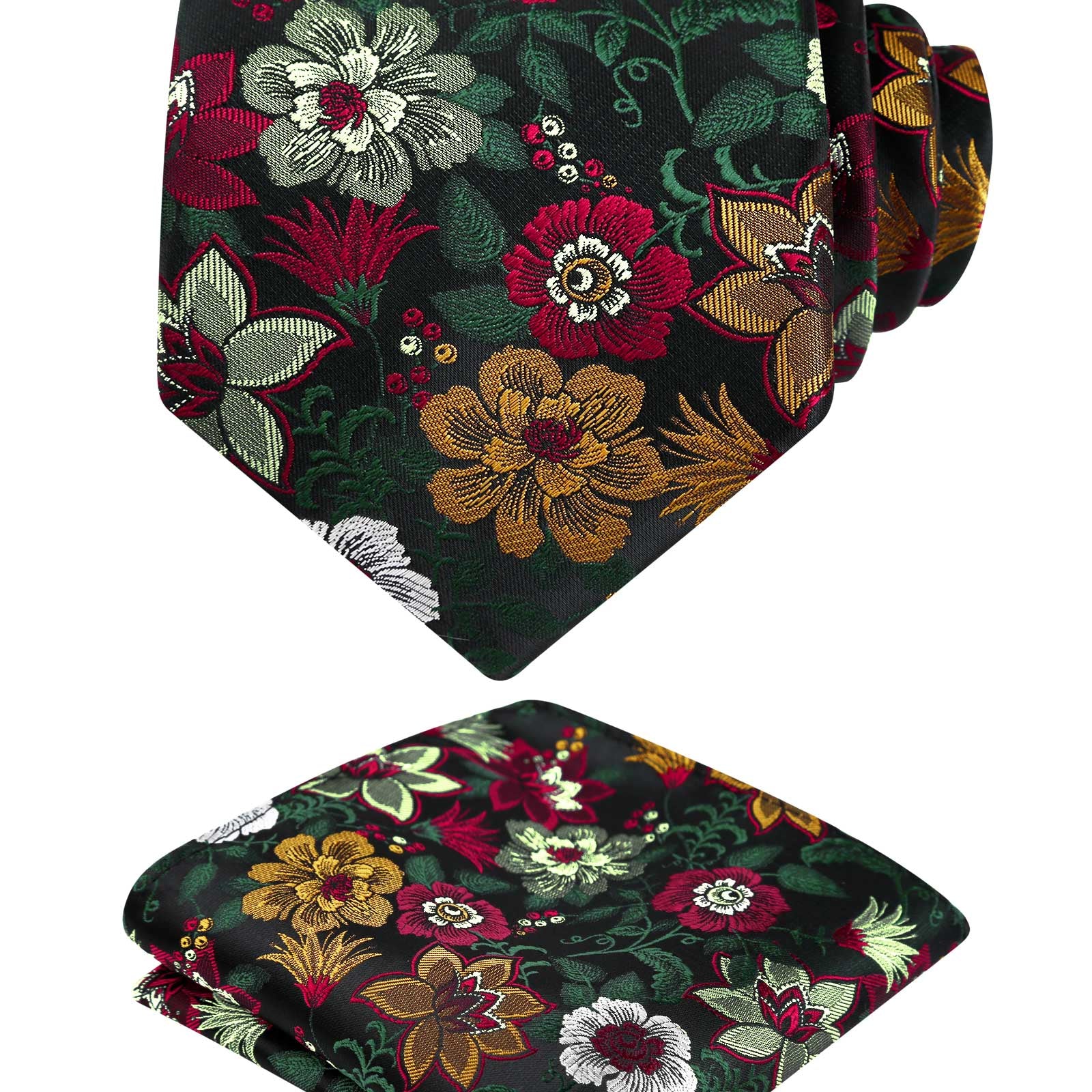 Men's 3.15inches Rose Flower Pattern Tie with Floral Printed Pocket Square Set, 145