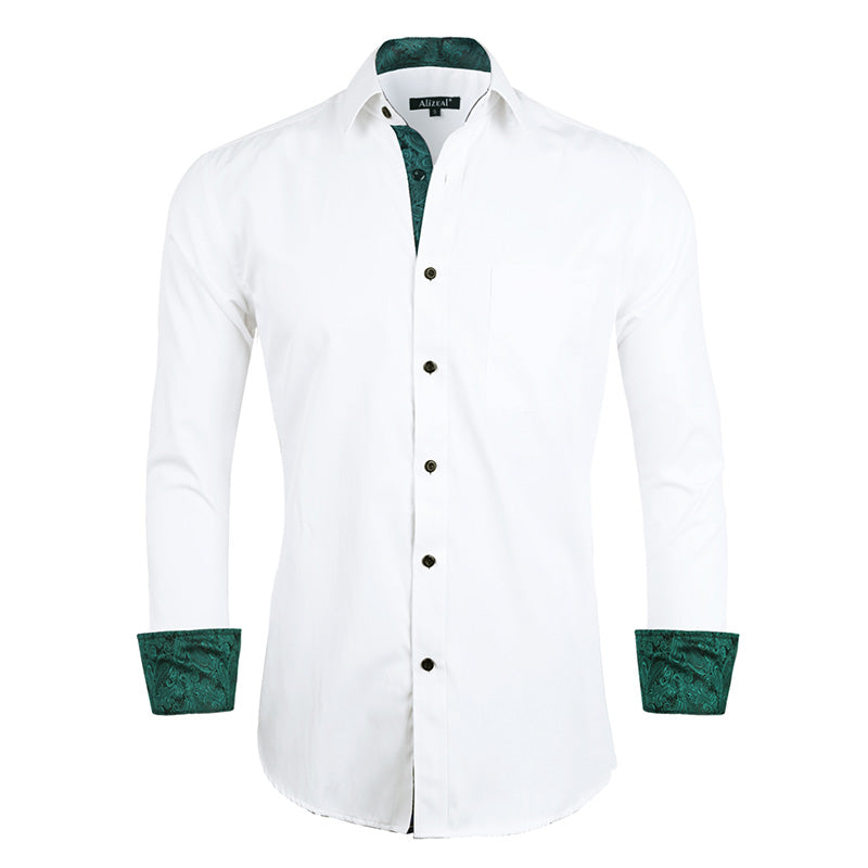 Men's White and Green Patchwork Dress Shirt