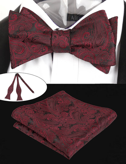 Men's Paisley Suit Vest, Self-tied Bow Tie, 3.35inch(8.5cm) Necktie and Pocket Square Set, 175-Maroon