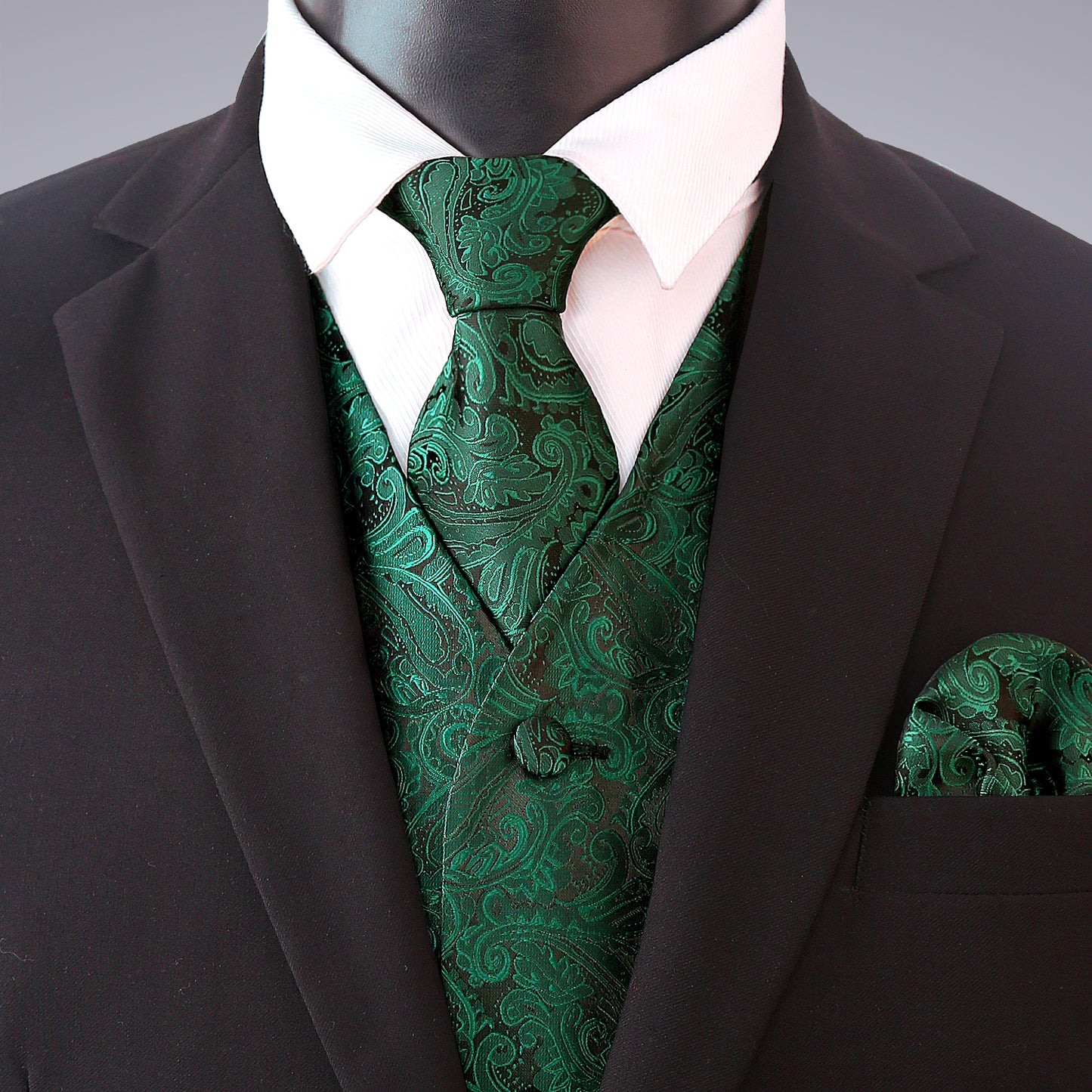 Men's Paisley Suit Vest, Self-tied Bow Tie, 3.35inch(8.5cm) Necktie and Pocket Square Set, 175-Dark Green