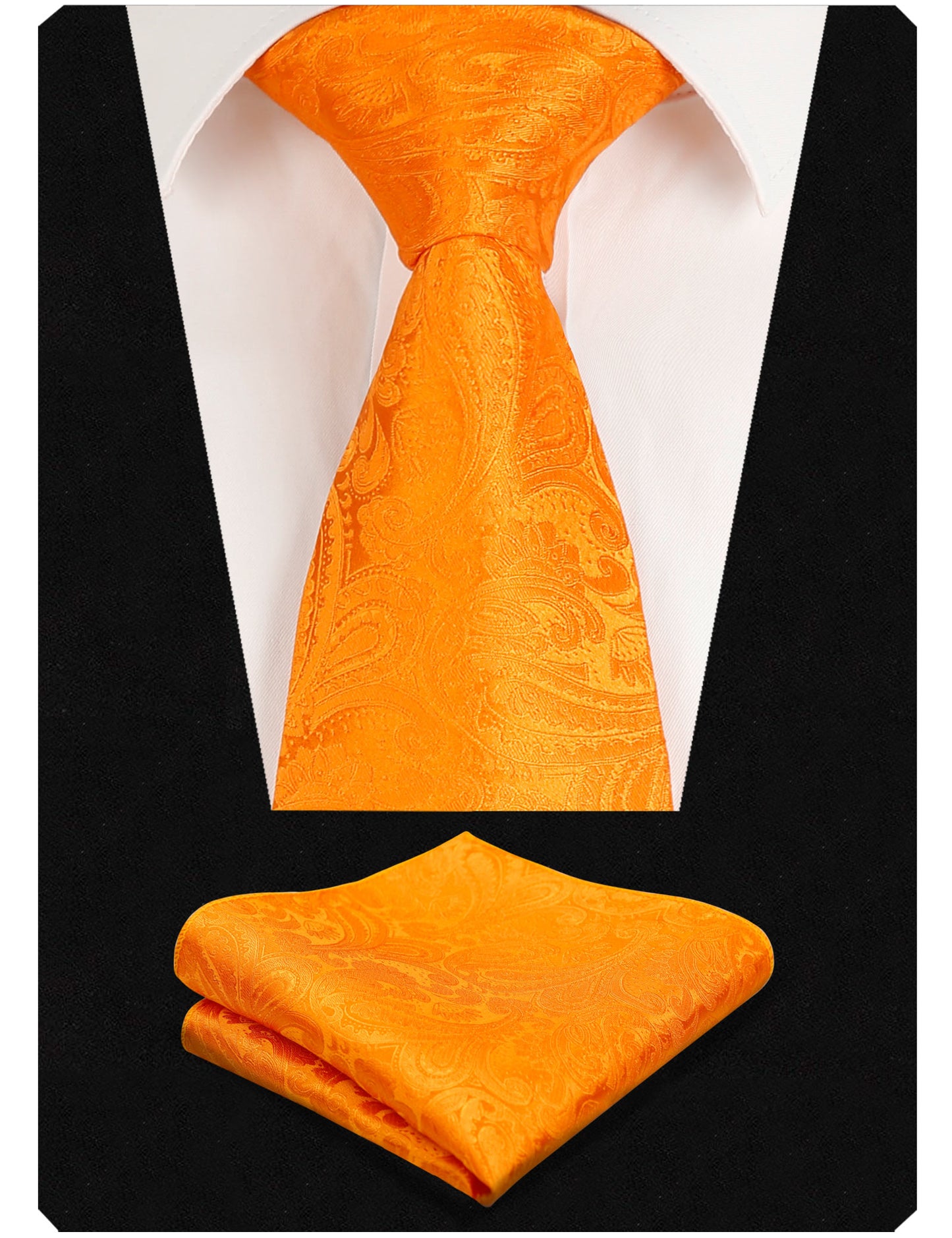 Men's Paisley Suit Vest, Self-tied Bow Tie, 3.35inch(8.5cm) Necktie and Pocket Square Set, 175-Orange