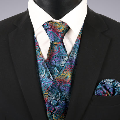 Men's Paisley Suit Vest, Self-tied Bow Tie, 3.35inch(8.5cm) Necktie and Pocket Square Set, 175-Peacock Blue