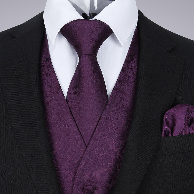 Men's Paisley Suit Vest, Self-tied Bow Tie, 3.35inch(8.5cm) Necktie and Pocket Square Set, 175-Plum Purple