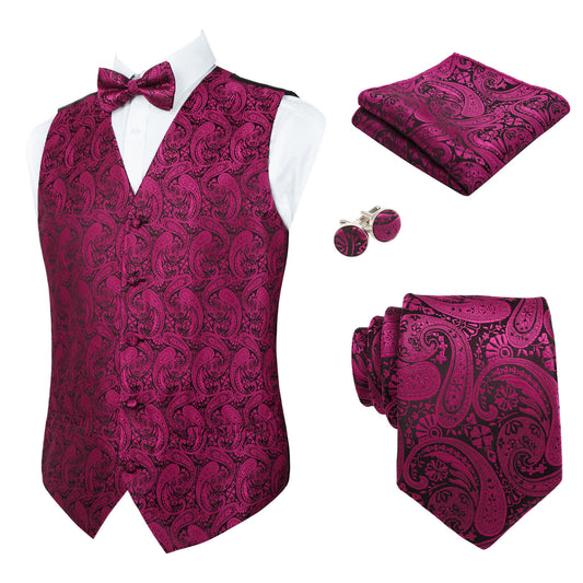 Men's 5pcs Paisley Suit Vest Classic Jacquard Button-Down Waistcoat Set, 185-Hot Pink