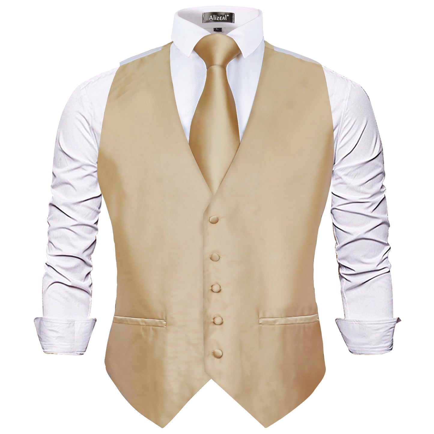 Men's Classic 5 Pcs Solid Color Satin Suit Vest Set, 187-Champagne