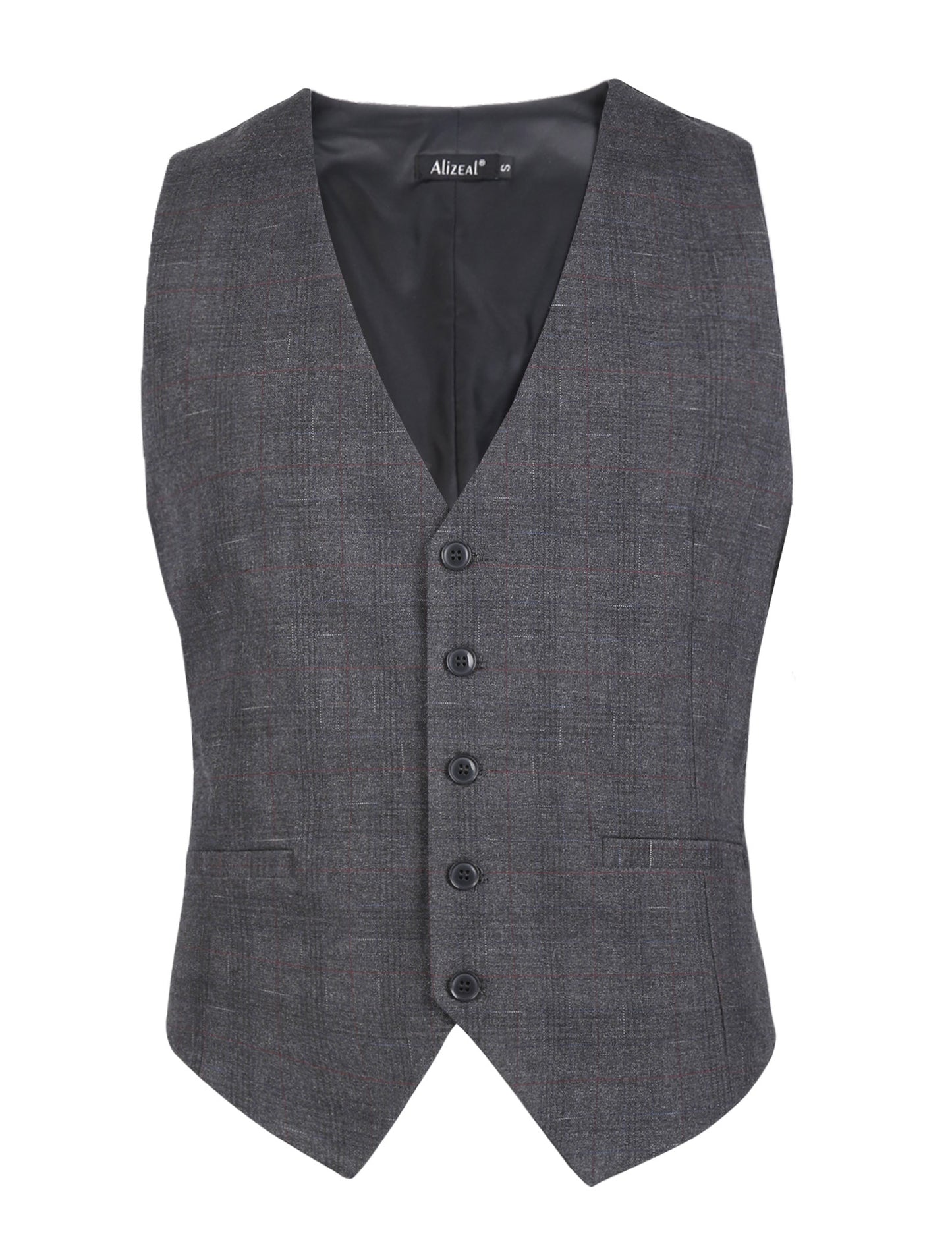 Men's Plaid Business Suit Vest V-Neck Regular Fit Checked Tuxedo Waistcoat, 190-Gray