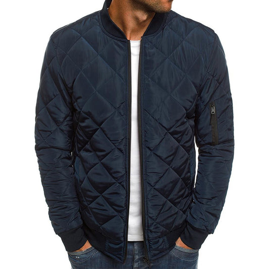 Men's Navy Blue Diamond Quilted Stand-up Collar Cotton Jacket 230