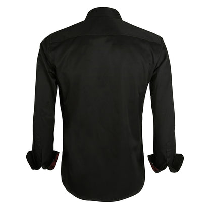 Men's Business Slim Fit Dress Shirt Long Sleeve Patchwork Button-Down Shirt, 004-Black+Maroon
