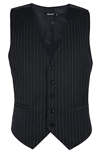 Men's Pinstripe Business Suit Vest Formal Dress Tuxedo Waistcoat, 188-Black