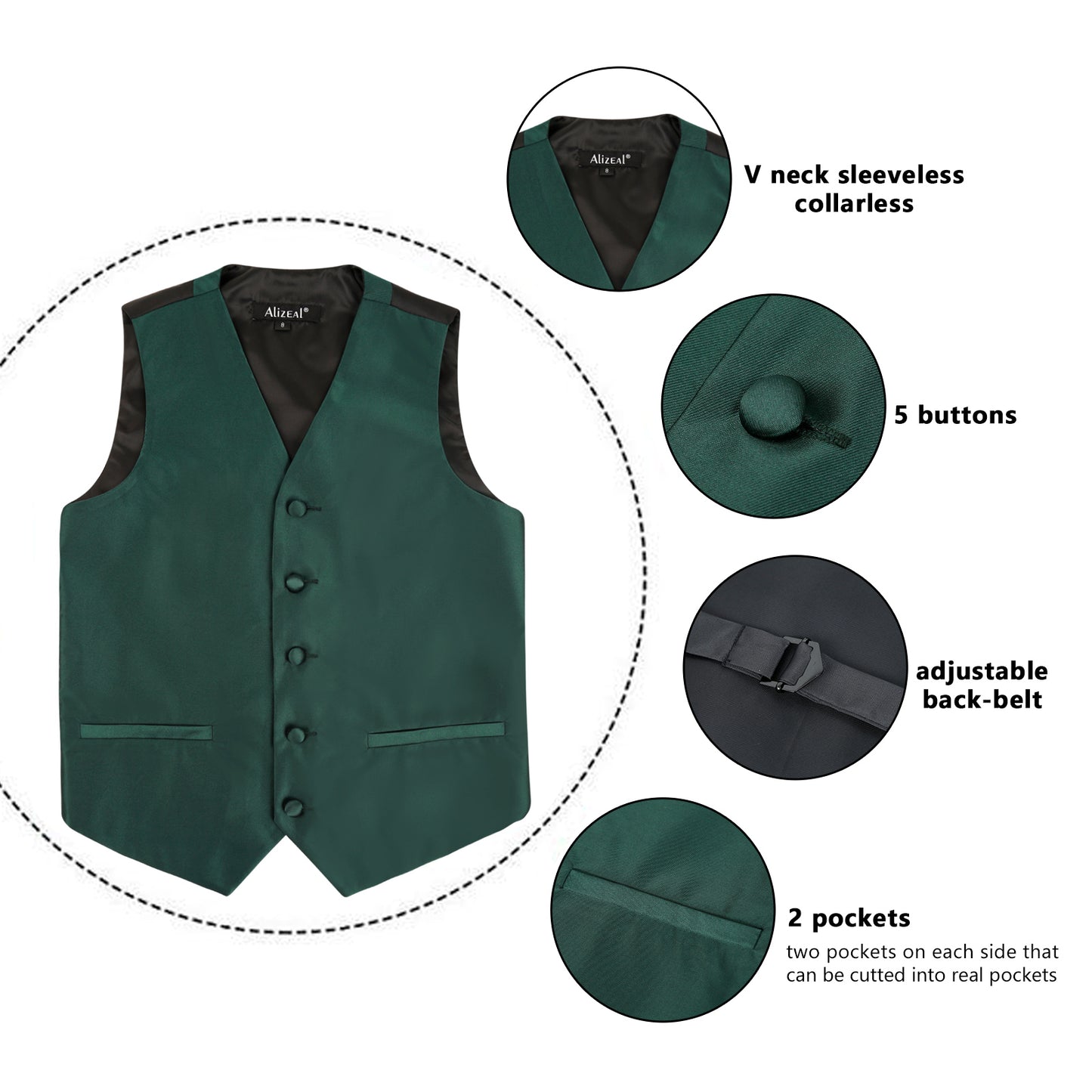 Boy's Classic Solid Bow Tie, Necktie and Suit Vest Set, 078-Dark Green