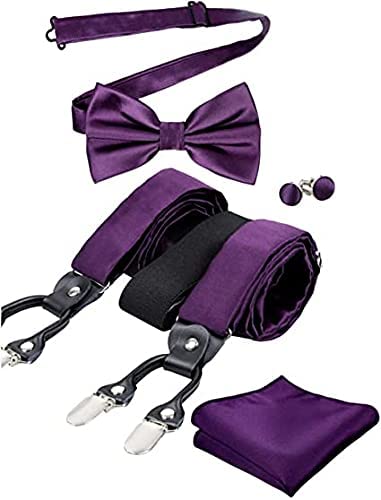 Mens Solid Color 6 Clips Suspender and Bowtie, Hanky, Cufflinks Set, BD072