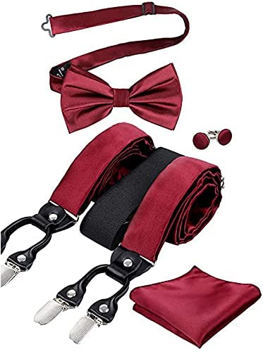 Mens Solid Color 6 Clips Suspender and Bowtie, Hanky, Cufflinks Set, BD072