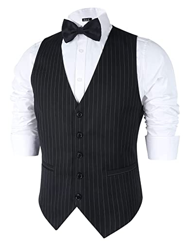 Men's Pinstripe Business Suit Vest Formal Dress Tuxedo Waistcoat, 188-Black