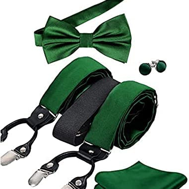 Mens Solid Color 6 Clips Suspender and Bowtie, Hanky, Cufflinks Set-BD072