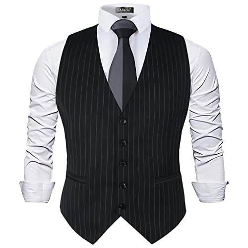 Men's Pinstripe Business Suit Vest Formal Dress Tuxedo Waistcoat, 188-Black