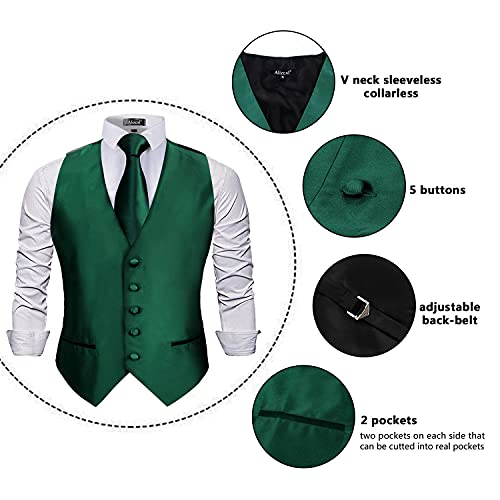 Men's Classic 5 Pcs Solid Color Satin Suit Vest Set, 187-Dark Green