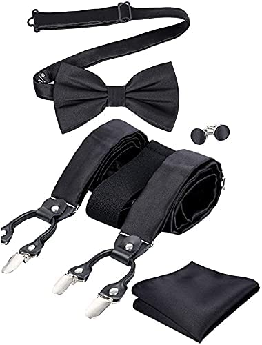 Mens Solid Color 6 Clips Suspender and Bowtie, Hanky, Cufflinks Set, BD072