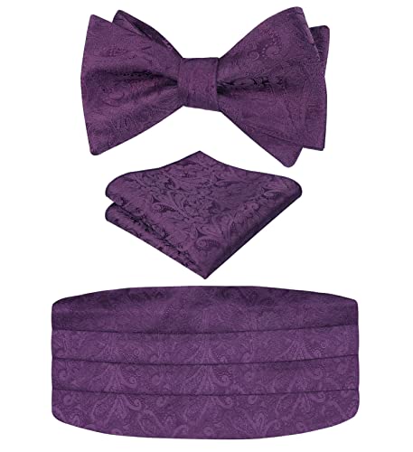 Men's Classic Paisley Woven Self-tied Adjustable Bow Tie, Cummerbund and Pocket Square Set, 133