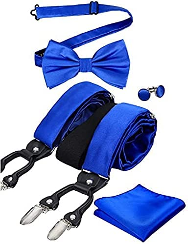 Mens Solid Color 6 Clips Suspender and Bowtie, Hanky, Cufflinks Set, BD072