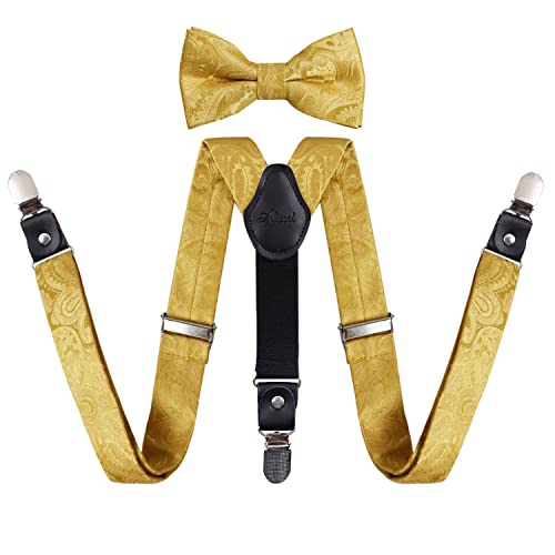 Boy's Adjustable Floral Paisley Pre-tied Bow Tie and Elastic Y Shape 3 Clips Suspenders Set, BD075
