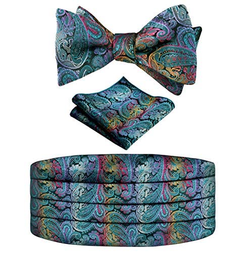 Men's Classic Paisley Woven Self-tied Adjustable Bow Tie, Cummerbund and Pocket Square Set, 133