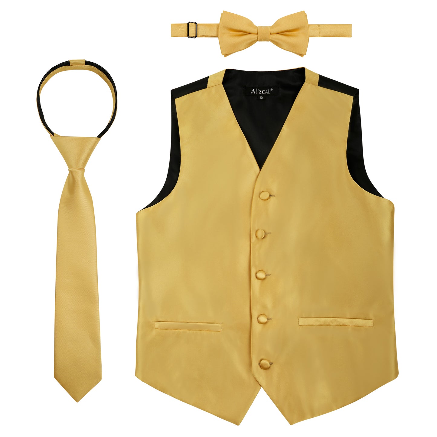 Boy's Classic Solid Bow Tie, Necktie and Suit Vest Set, 078-Golden