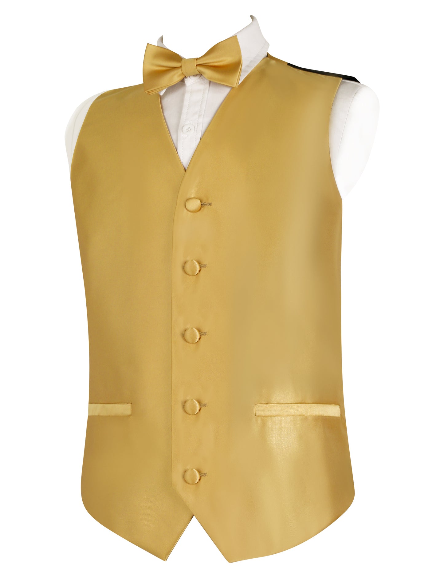Boy's Classic Solid Bow Tie, Necktie and Suit Vest Set, 078-Golden