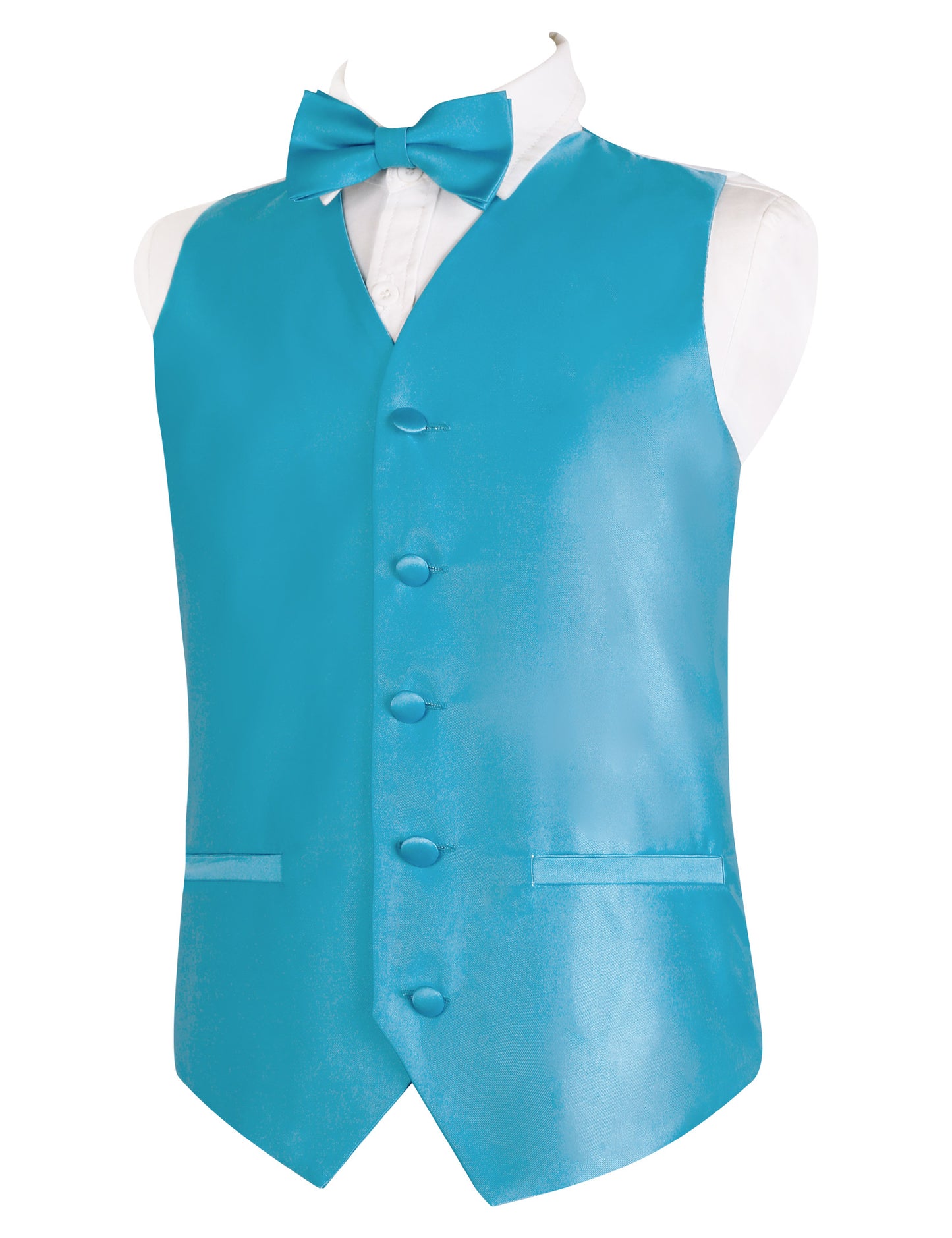 Boy's Classic Solid Bow Tie, Necktie and Suit Vest Set, 078-Turquoise